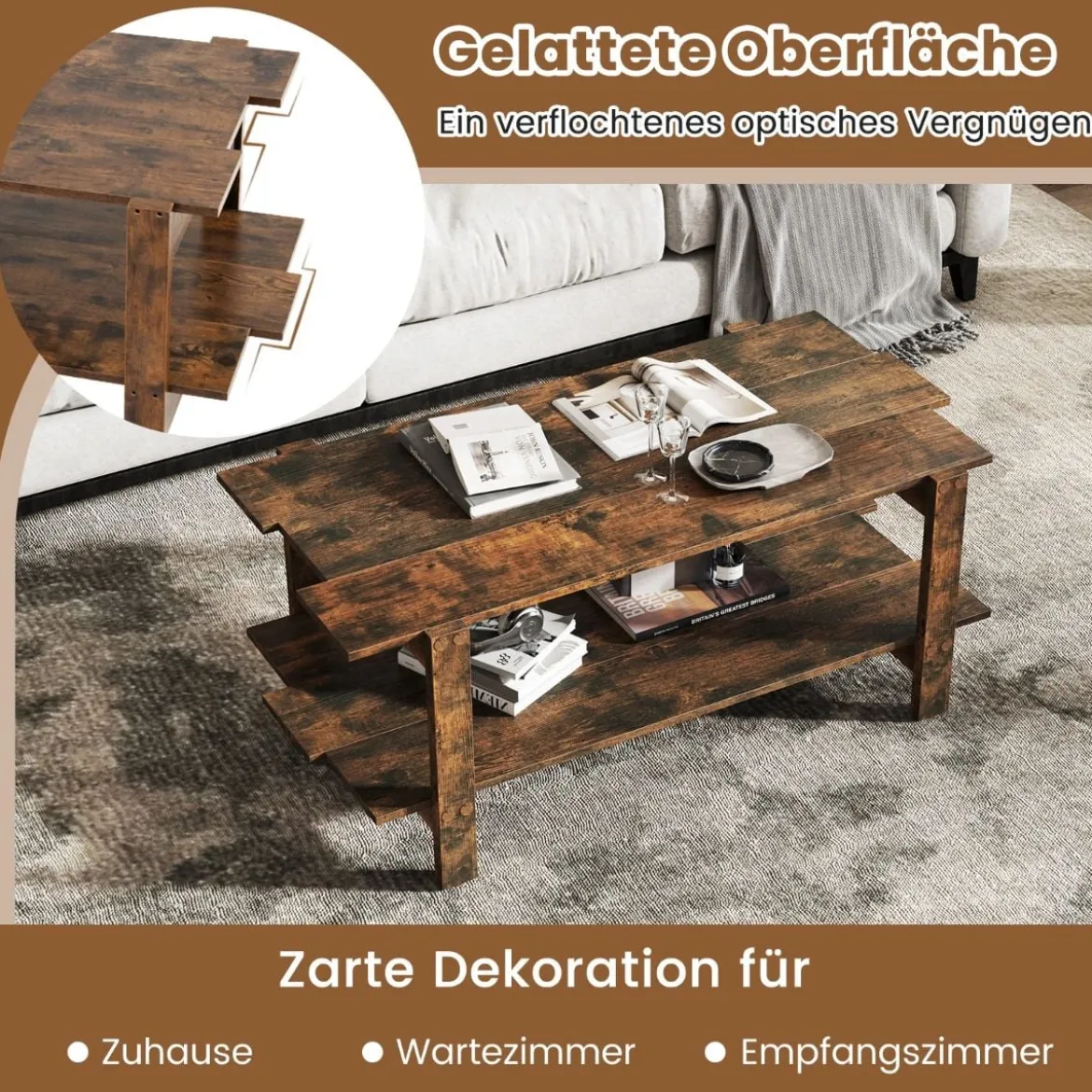 2 Stufiger Couchtisch mit Ablage Kaffeetisch Rechteckiger Beistelltisch Akzenttisch
