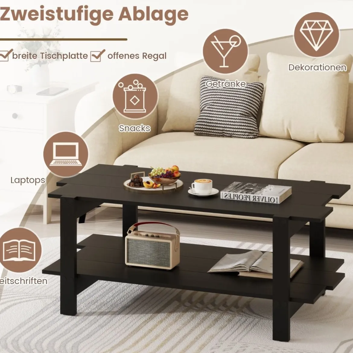 2 Stufiger Couchtisch mit Ablage Kaffeetisch Rechteckiger Beistelltisch Akzenttisch