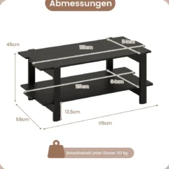 2 Stufiger Couchtisch mit Ablage Kaffeetisch Rechteckiger Beistelltisch Akzenttisch