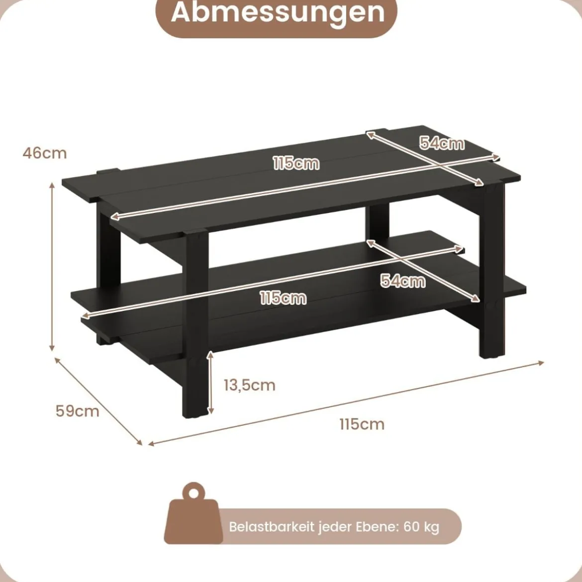 2 Stufiger Couchtisch mit Ablage Kaffeetisch Rechteckiger Beistelltisch Akzenttisch