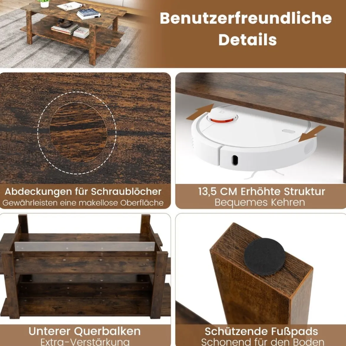 2 Stufiger Couchtisch mit Ablage Kaffeetisch Rechteckiger Beistelltisch Akzenttisch