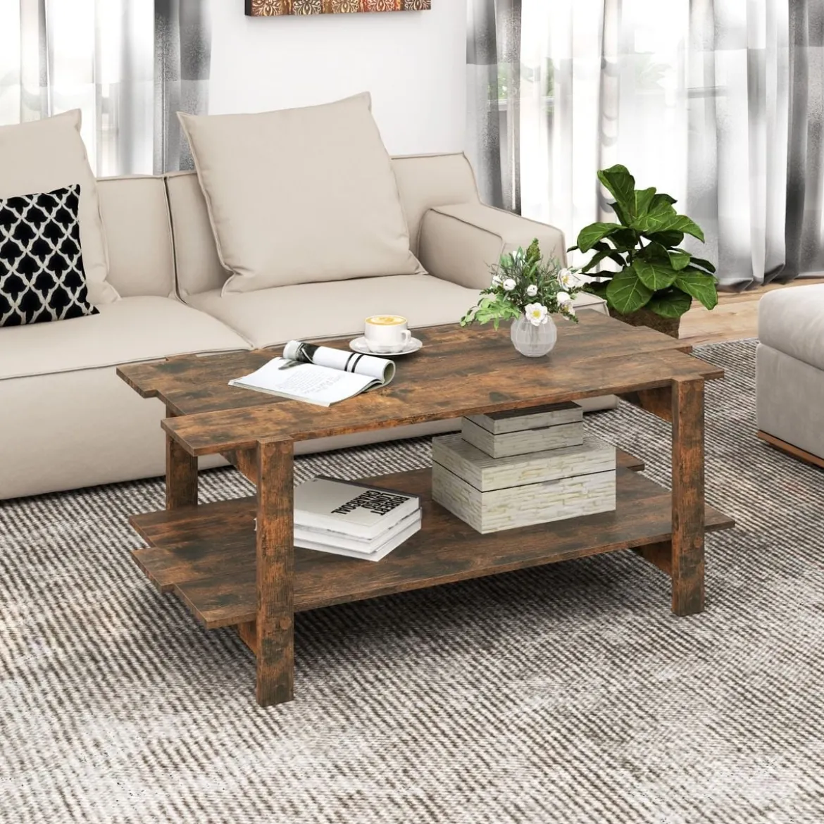 2 Stufiger Couchtisch mit Ablage Kaffeetisch Rechteckiger Beistelltisch Akzenttisch