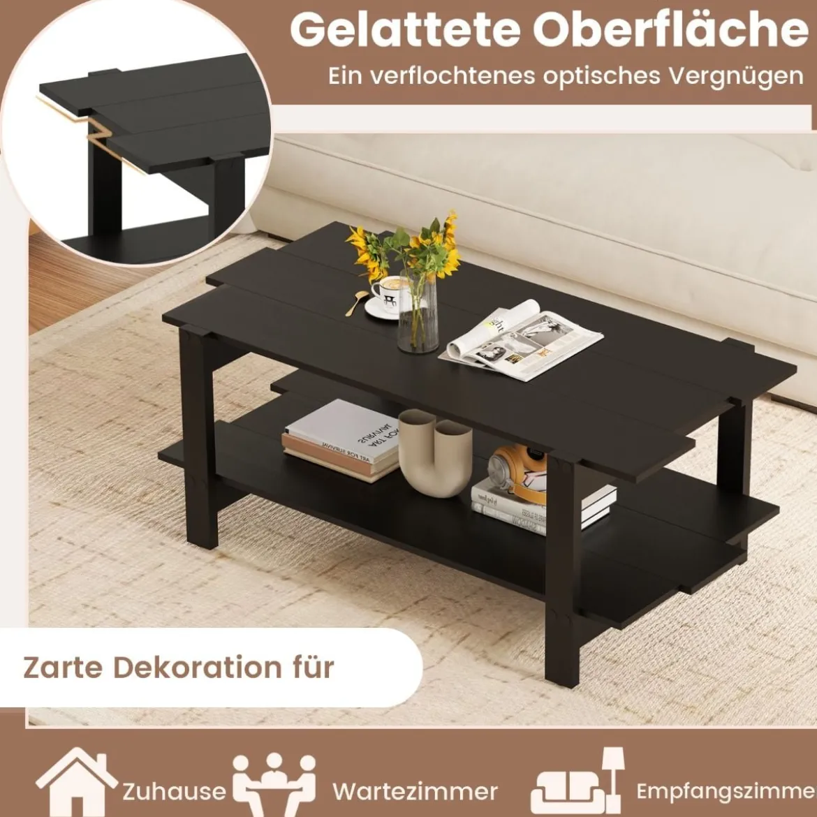 2 Stufiger Couchtisch mit Ablage Kaffeetisch Rechteckiger Beistelltisch Akzenttisch