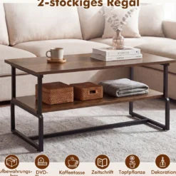 2-stufiger Couchtisch Rechteckiger Wohnzimmertisch mit Metallgestell & Holzoptik 85 x 60 x 47 cm