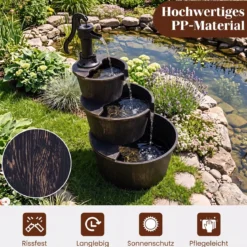 3-stufiger Gartenbrunnen mit Pumpe im Täuschend Echten Holzfass-Design 52 x 60 x 92,5 cm