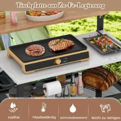 4 Stufiger Grillwagen mit Aufklappbarem Tisch Haken Handtuchhalter & Müllbeutelhalter Grilltisch