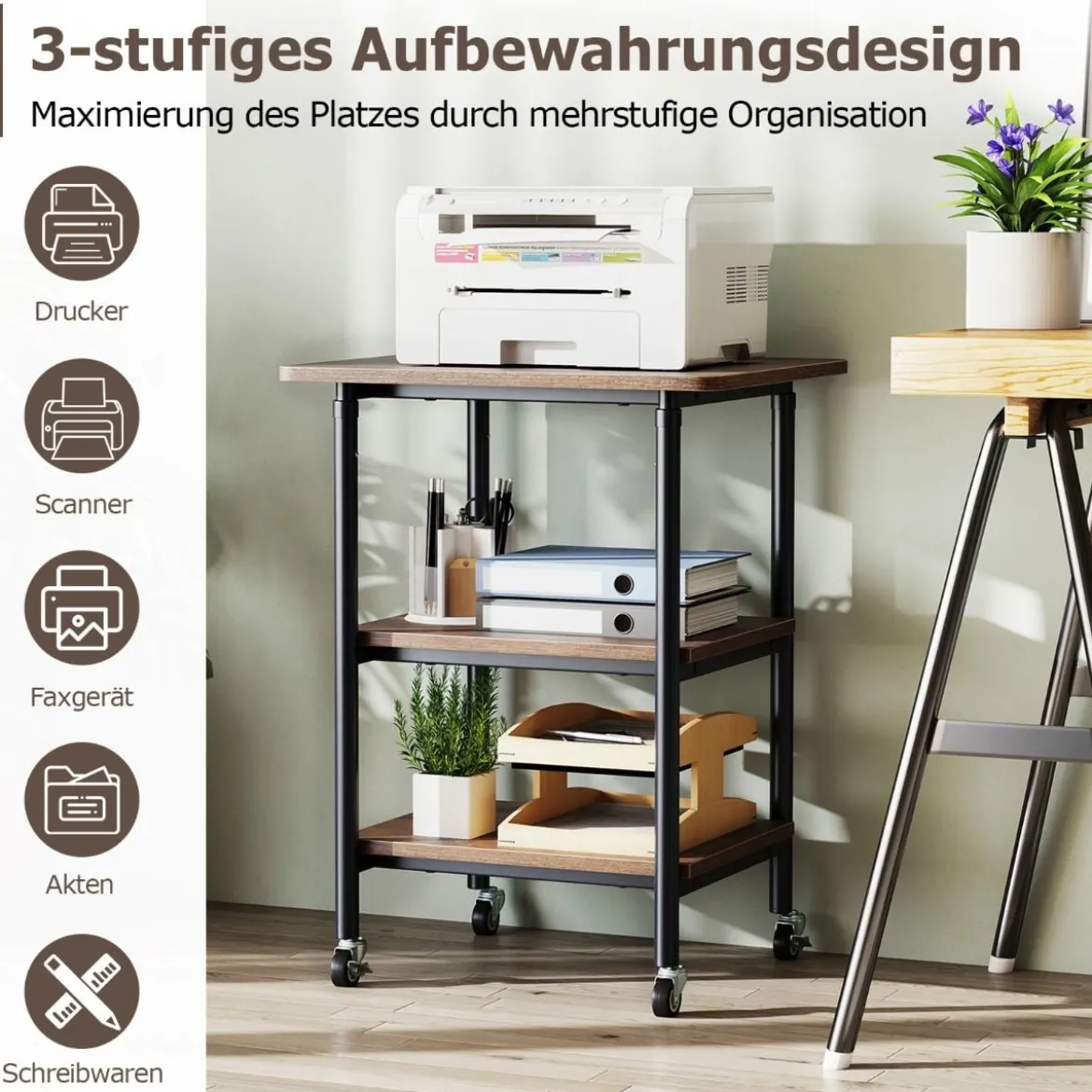 3-stufiger Höhenverstellbarer Druckerständer mit Ablageflächen & Rollen Druckerwagen Braun