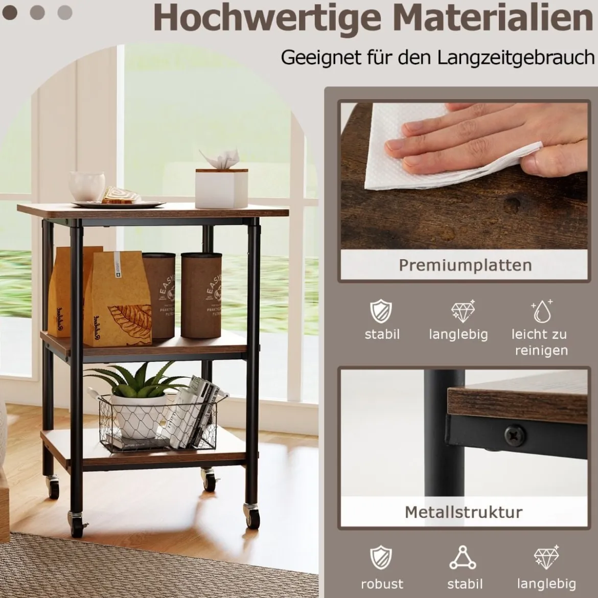 3-stufiger Höhenverstellbarer Druckerständer mit Ablageflächen & Rollen Druckerwagen Braun
