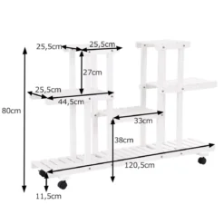 4-stufiger hölzerner Pflanzenständer mit abschließbaren Rädern 120,5 x 25,5 x 80 cm Weiß