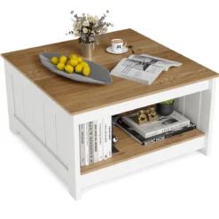 2 Stufiger Holz Couchtisch Quadratischer Wohnzimmertisch im Landhausstil Beistelltisch mit Stauraum