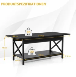 2-stufiger Industrieller Couchtisch mit Ablagefläche & X-förmigem Metallrahmen Schwarz