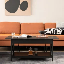 2-stufiger Industrieller Couchtisch mit Ablagefläche & X-förmigem Metallrahmen Schwarz