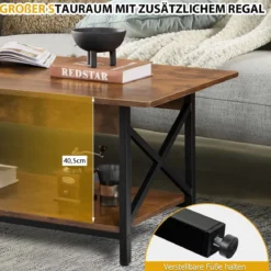 2-stufiger Industrieller Couchtisch mit Ablagefläche & X-förmigem Metallrahmen Braun
