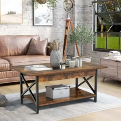 2-stufiger Industrieller Couchtisch mit Ablagefläche & X-förmigem Metallrahmen Braun