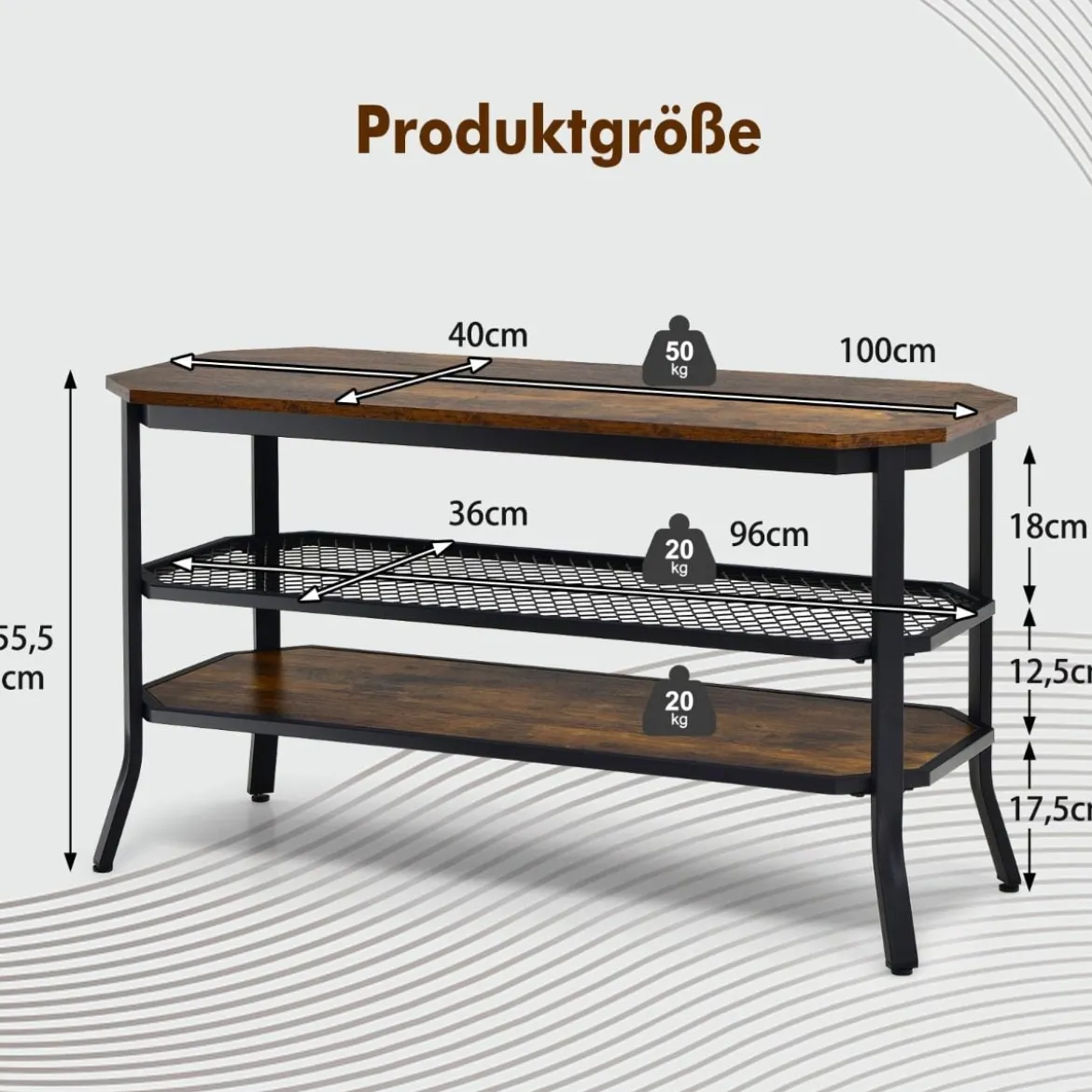 3-Stufiger Industrieller TV-Ständer aus Holz mit Stahlrahmen 100 x 40 x 55,5 cm Rustikales Braun + Schwarz