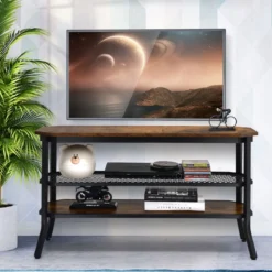 3-Stufiger Industrieller TV-Ständer aus Holz mit Stahlrahmen 100 x 40 x 55,5 cm Rustikales Braun + Schwarz