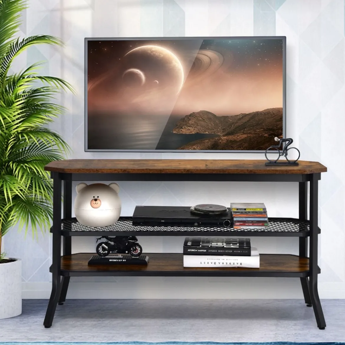 3-Stufiger Industrieller TV-Ständer aus Holz mit Stahlrahmen 100 x 40 x 55,5 cm Rustikales Braun + Schwarz