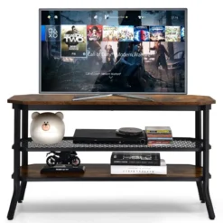 3-Stufiger Industrieller TV-Ständer aus Holz mit Stahlrahmen 100 x 40 x 55,5 cm Rustikales Braun + Schwarz