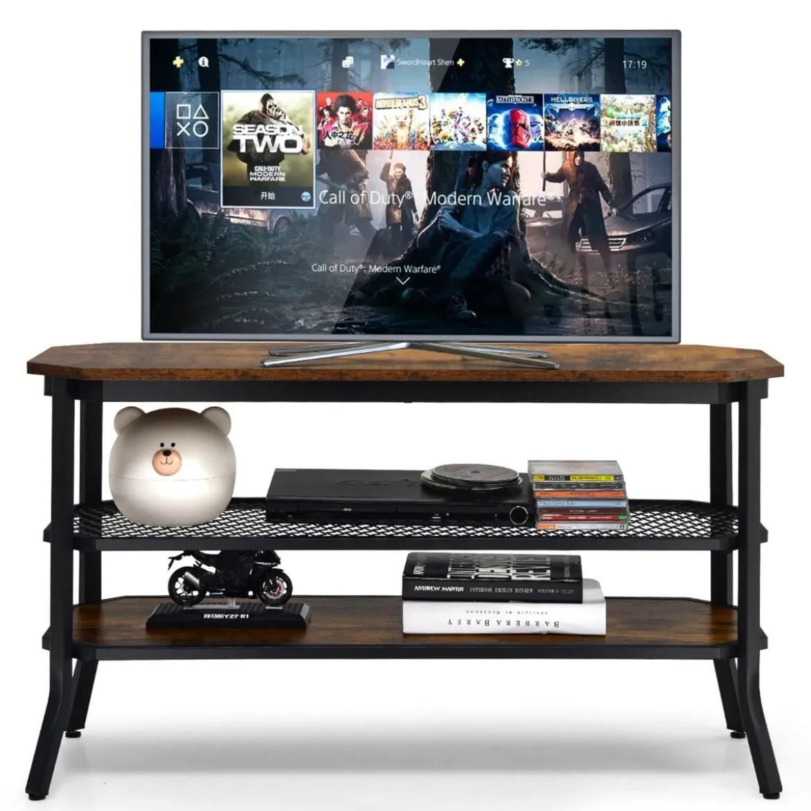 3-Stufiger Industrieller TV-Ständer aus Holz mit Stahlrahmen 100 x 40 x 55,5 cm Rustikales Braun + Schwarz