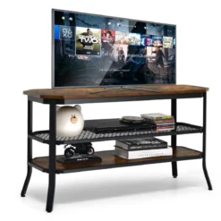 3-Stufiger Industrieller TV-Ständer aus Holz mit Stahlrahmen 100 x 40 x 55,5 cm Rustikales Braun + Schwarz