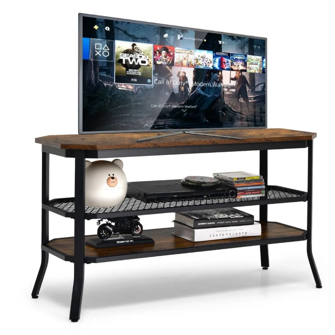 3-Stufiger Industrieller TV-Ständer aus Holz mit Stahlrahmen 100 x 40 x 55,5 cm Rustikales Braun + Schwarz