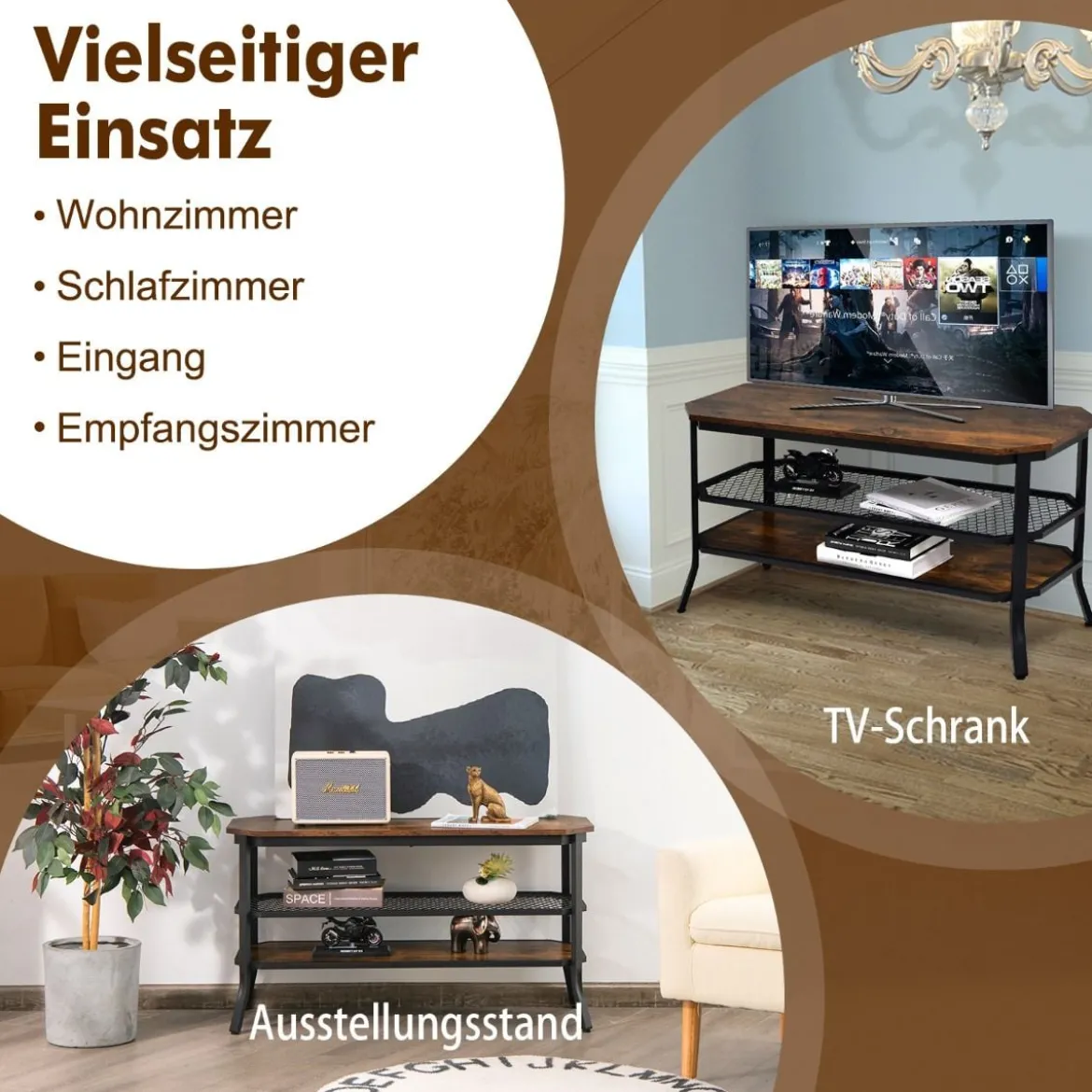 3-Stufiger Industrieller TV-Ständer aus Holz mit Stahlrahmen 100 x 40 x 55,5 cm Rustikales Braun + Schwarz