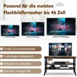 3-Stufiger Industrieller TV-Ständer aus Holz mit Stahlrahmen 100 x 40 x 55,5 cm Rustikales Braun + Schwarz