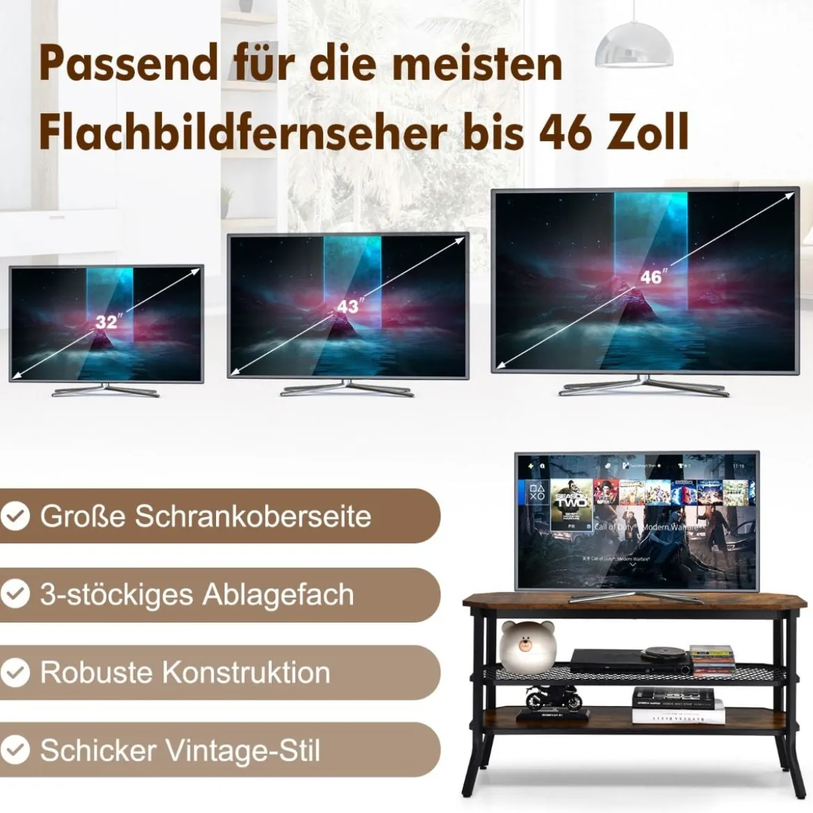 3-Stufiger Industrieller TV-Ständer aus Holz mit Stahlrahmen 100 x 40 x 55,5 cm Rustikales Braun + Schwarz