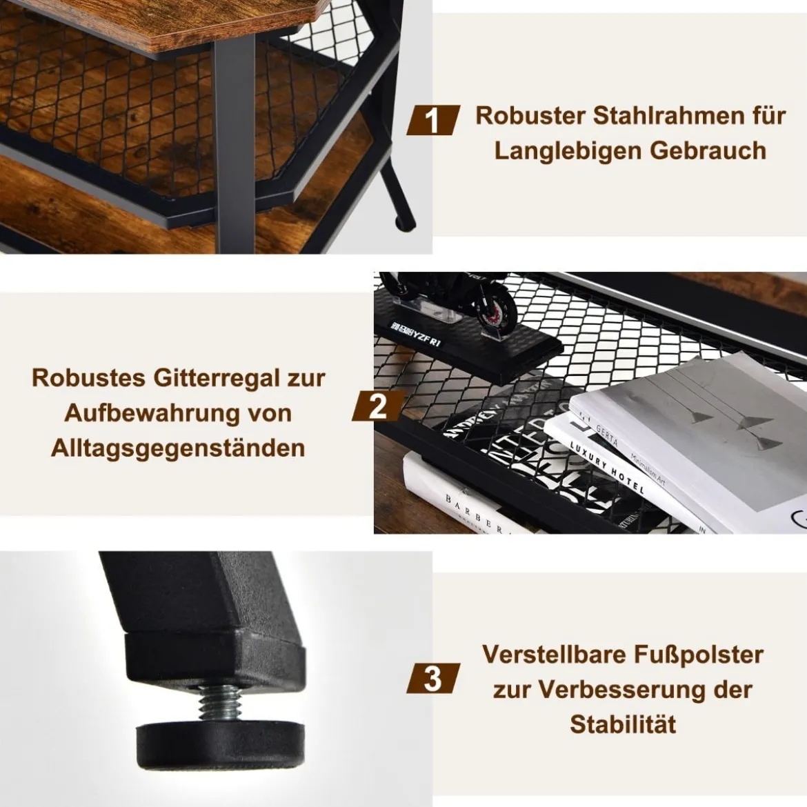 3-Stufiger Industrieller TV-Ständer aus Holz mit Stahlrahmen 100 x 40 x 55,5 cm Rustikales Braun + Schwarz