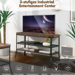 3-Stufiger Industrieller TV-Ständer aus Holz mit Stahlrahmen 100 x 40 x 55,5 cm Rustikales Braun + Schwarz
