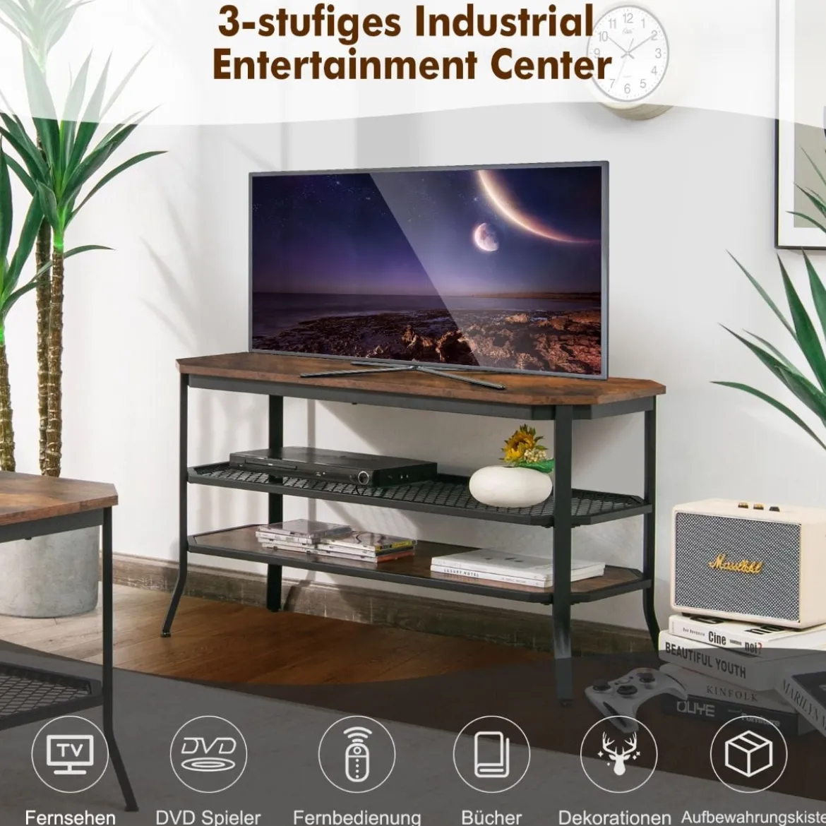3-Stufiger Industrieller TV-Ständer aus Holz mit Stahlrahmen 100 x 40 x 55,5 cm Rustikales Braun + Schwarz