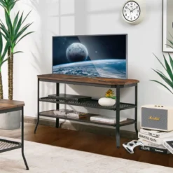 3-Stufiger Industrieller TV-Ständer aus Holz mit Stahlrahmen 100 x 40 x 55,5 cm Rustikales Braun + Schwarz