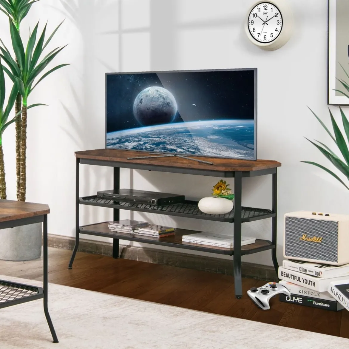 3-Stufiger Industrieller TV-Ständer aus Holz mit Stahlrahmen 100 x 40 x 55,5 cm Rustikales Braun + Schwarz