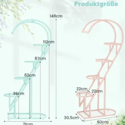 5-stufiger Metall Pflanzenständer Herzförmig Blumenregal mit Haken 71 x 30,5 x 148 cm Rosa und Blau