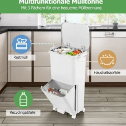 2-stufiger Mülleimer mit Deckel & Abschließbaren Rollen Kunststoff Abfalleimer Küchenabfalleimer