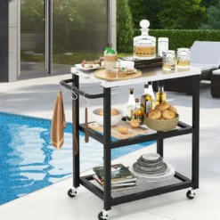 3-stufiger Outdoor-Grillwagen mit 3 Haken & Edelstahlplatte & -griff Mehrzweckwagen