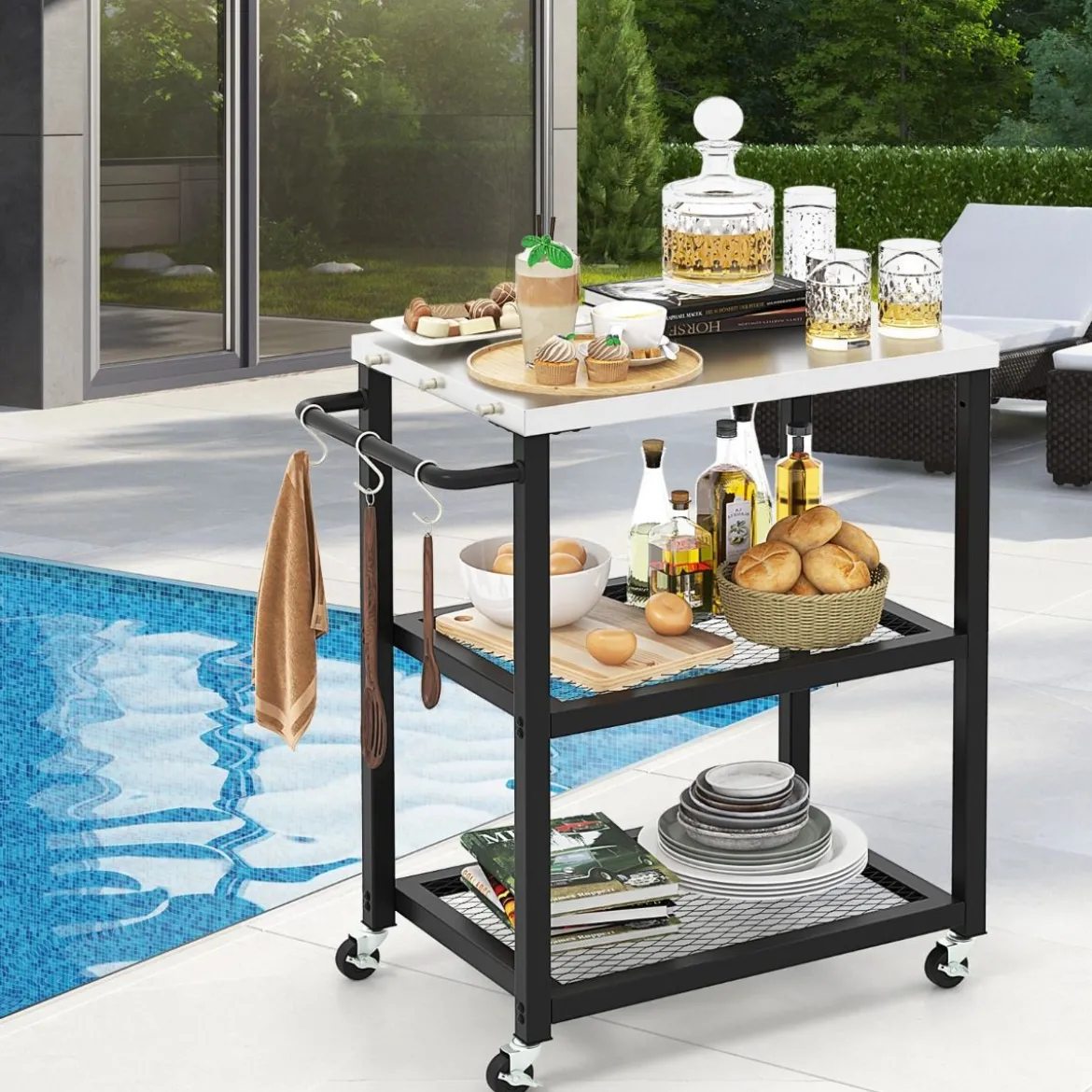 3-stufiger Outdoor-Grillwagen mit 3 Haken & Edelstahlplatte & -griff Mehrzweckwagen