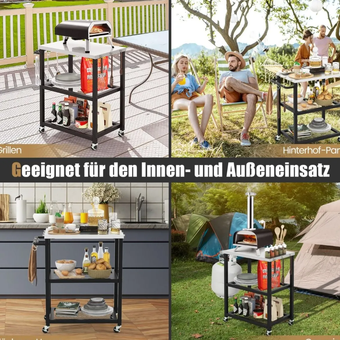 3-stufiger Outdoor-Grillwagen mit 3 Haken & Edelstahlplatte & -griff Mehrzweckwagen