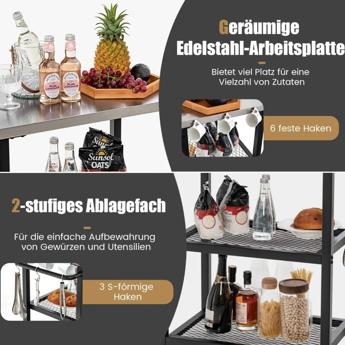 3-stufiger Outdoor-Grillwagen mit 3 Haken & Edelstahlplatte & -griff Mehrzweckwagen