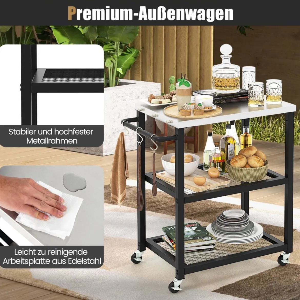 3-stufiger Outdoor-Grillwagen mit 3 Haken & Edelstahlplatte & -griff Mehrzweckwagen