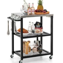 3-stufiger Outdoor-Grillwagen mit 3 Haken & Edelstahlplatte & -griff Mehrzweckwagen