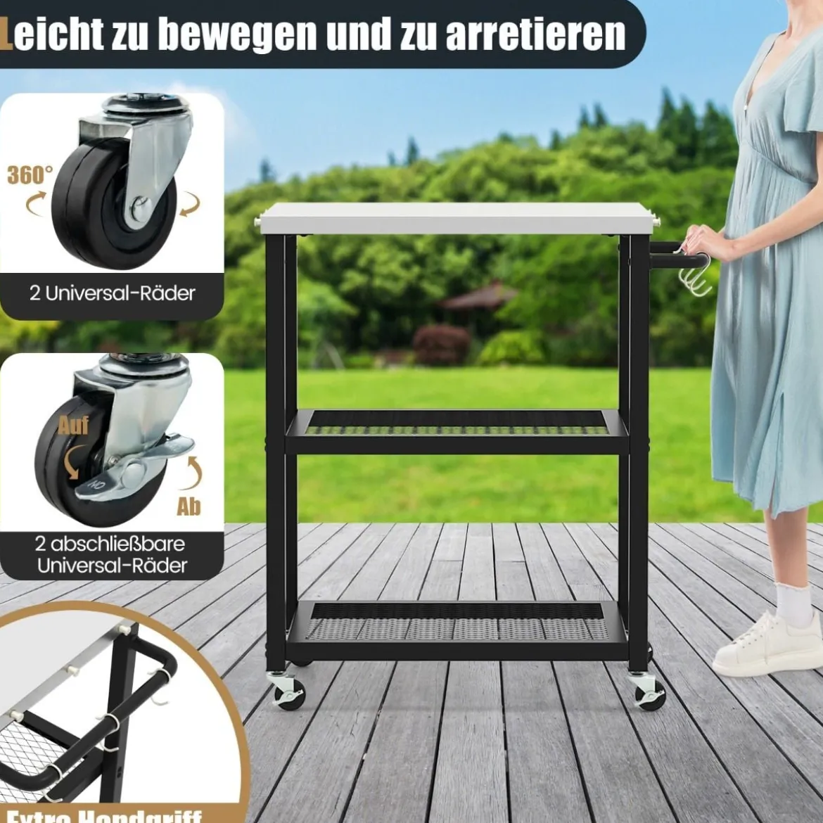 3-stufiger Outdoor-Grillwagen mit 3 Haken & Edelstahlplatte & -griff Mehrzweckwagen