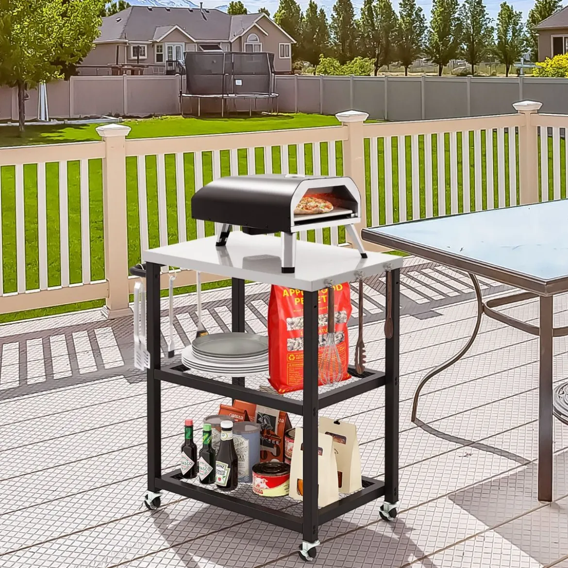 3-stufiger Outdoor-Grillwagen mit 3 Haken & Edelstahlplatte & -griff Mehrzweckwagen