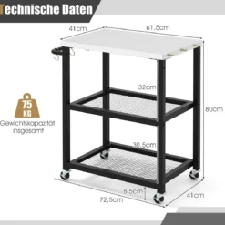 3-stufiger Outdoor-Grillwagen mit 3 Haken & Edelstahlplatte & -griff Mehrzweckwagen