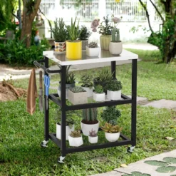 3-stufiger Outdoor-Grillwagen mit 3 Haken & Edelstahlplatte & -griff Mehrzweckwagen