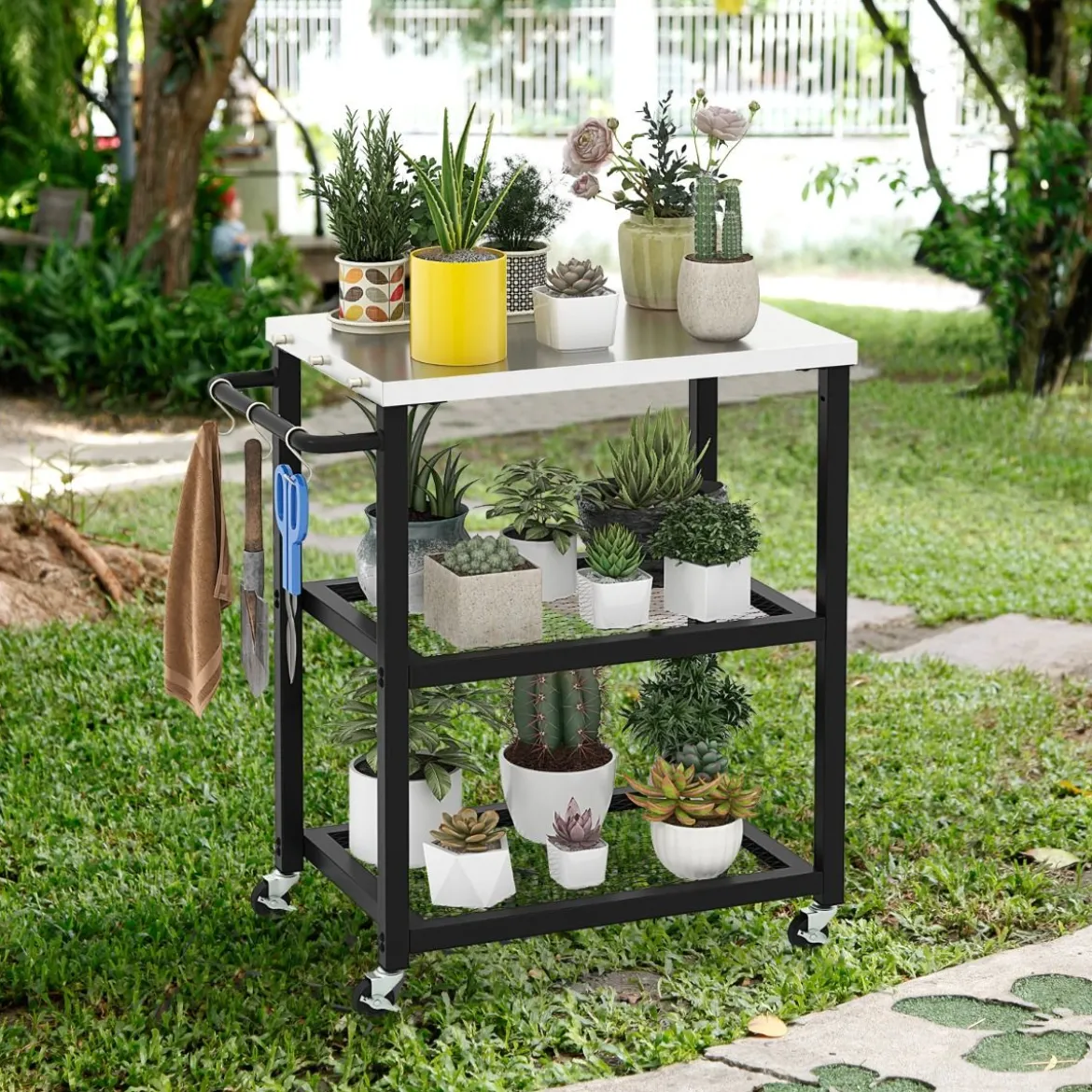 3-stufiger Outdoor-Grillwagen mit 3 Haken & Edelstahlplatte & -griff Mehrzweckwagen