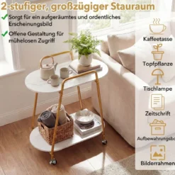 2-stufiger rollbarer Beistelltisch moderner mobiler Nachttisch mit Kunstmarmor-Oberflächen Weiß