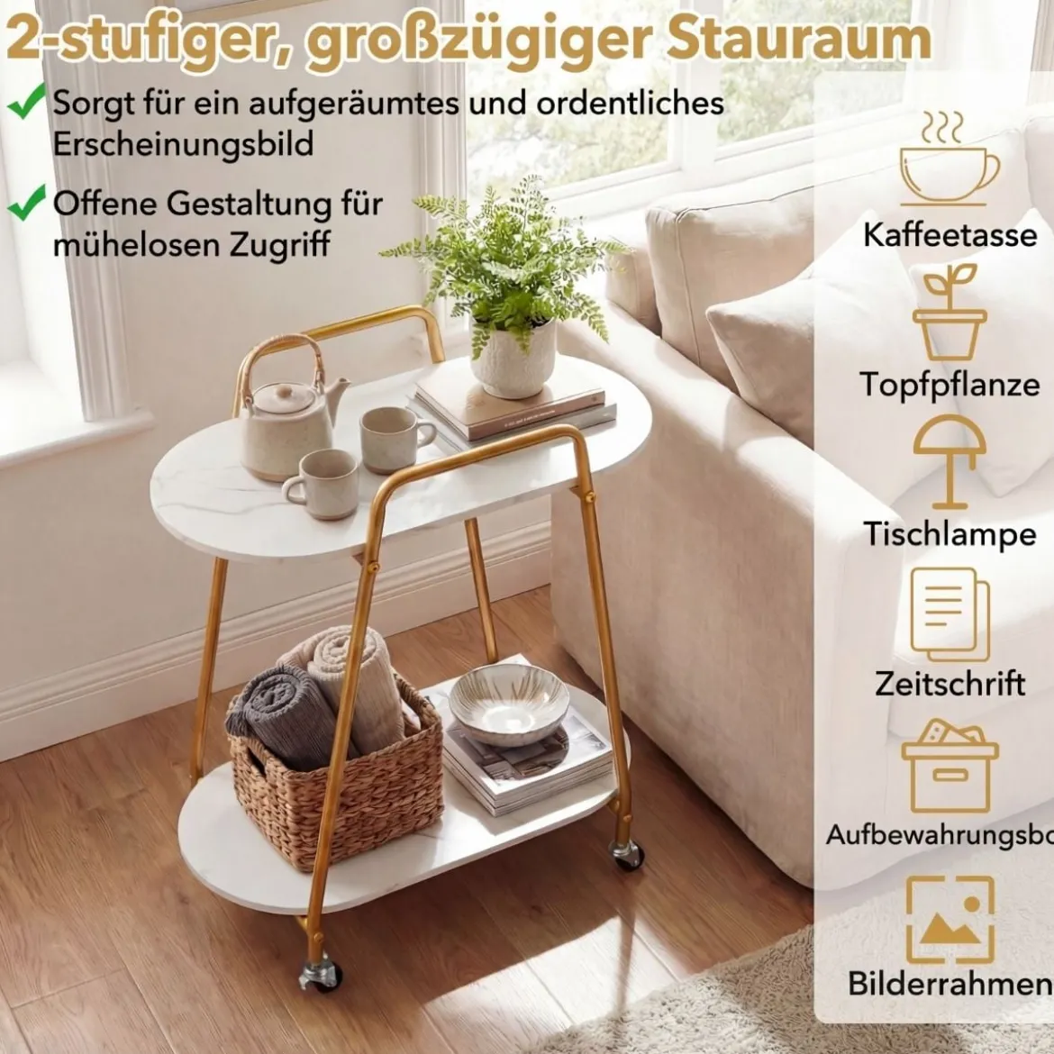 2-stufiger rollbarer Beistelltisch moderner mobiler Nachttisch mit Kunstmarmor-Oberflächen Weiß