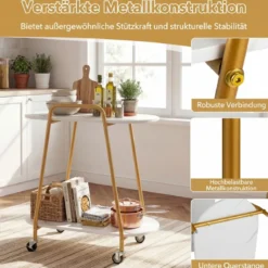 2-stufiger rollbarer Beistelltisch moderner mobiler Nachttisch mit Kunstmarmor-Oberflächen Weiß