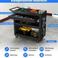 3-stufiger Rollender Werkzeugwagen mit Großer Schublade & 2 Lochplatten & 8 Haken Werkzeugorganizer
